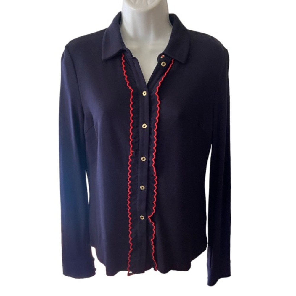 Boden Navy Button-Down Top with Red Trim